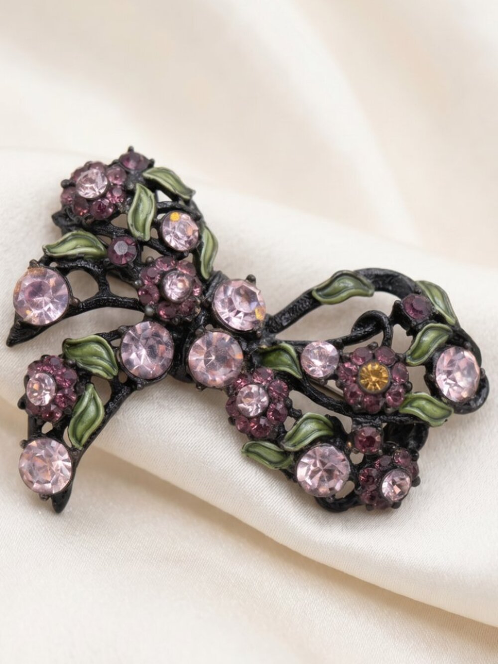 Hollycraft Rhinestone Bow Brooch Pink Purple Floral Vintage *RARE*